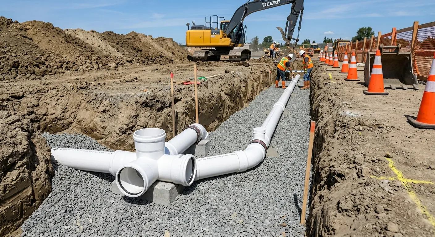 New PVC sewer pipe installation in open trench for Commercial Drain Cleaning in Bryant