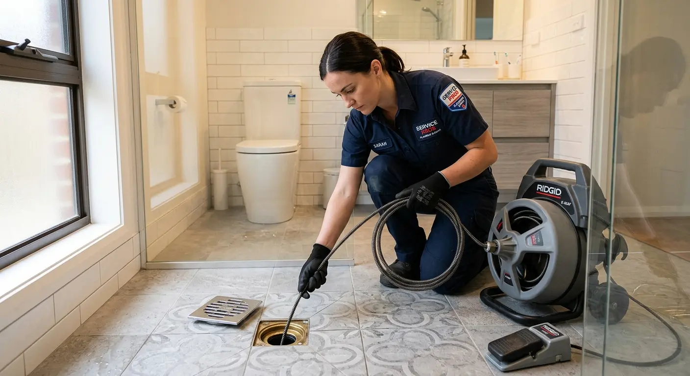 Technician clearing a bathroom floor drain for Clogged Drain Repair in Bryant